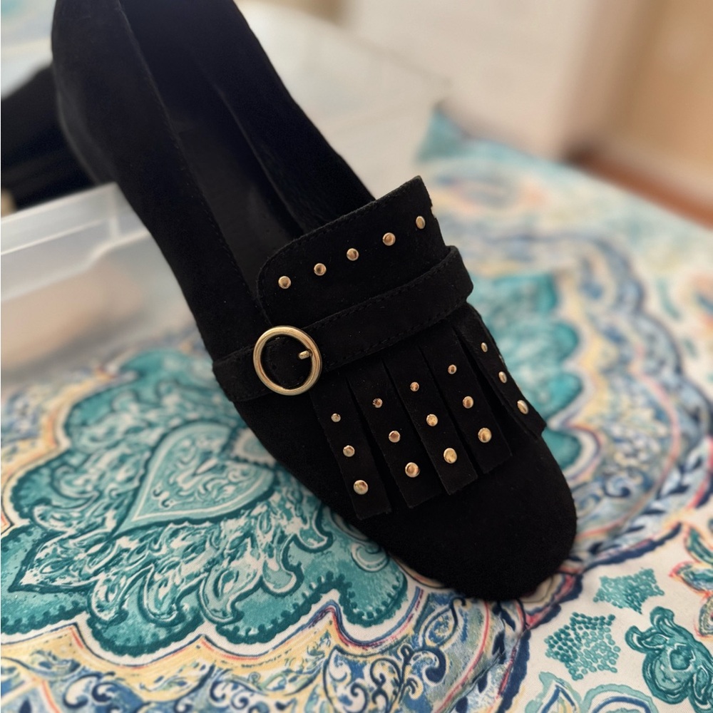 Black Suede Loafers with Gold Accents